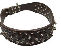 Wide Spike Leather Large Dog Collar - Brown