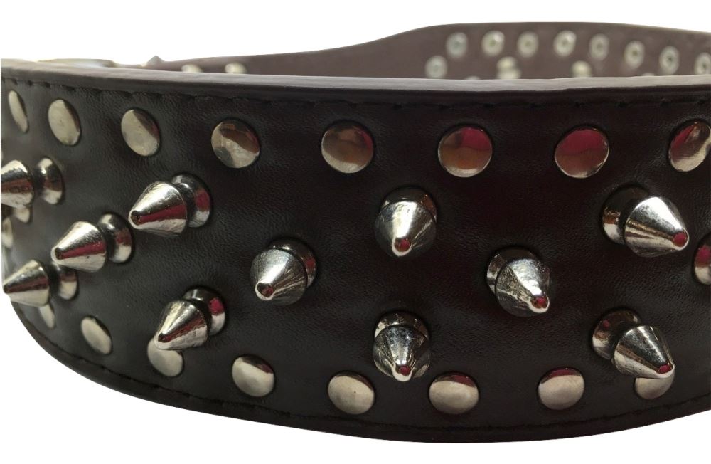 Wide Spike Leather Large Dog Collar - Brown