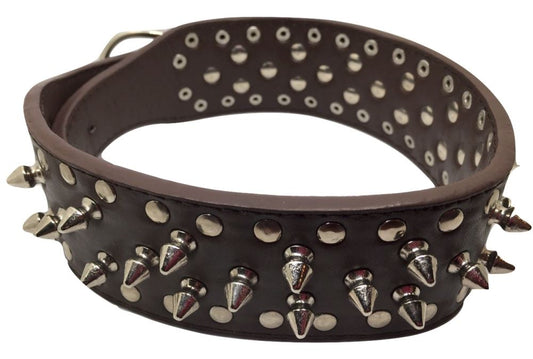 Wide Spike Leather Large Dog Collar - Brown