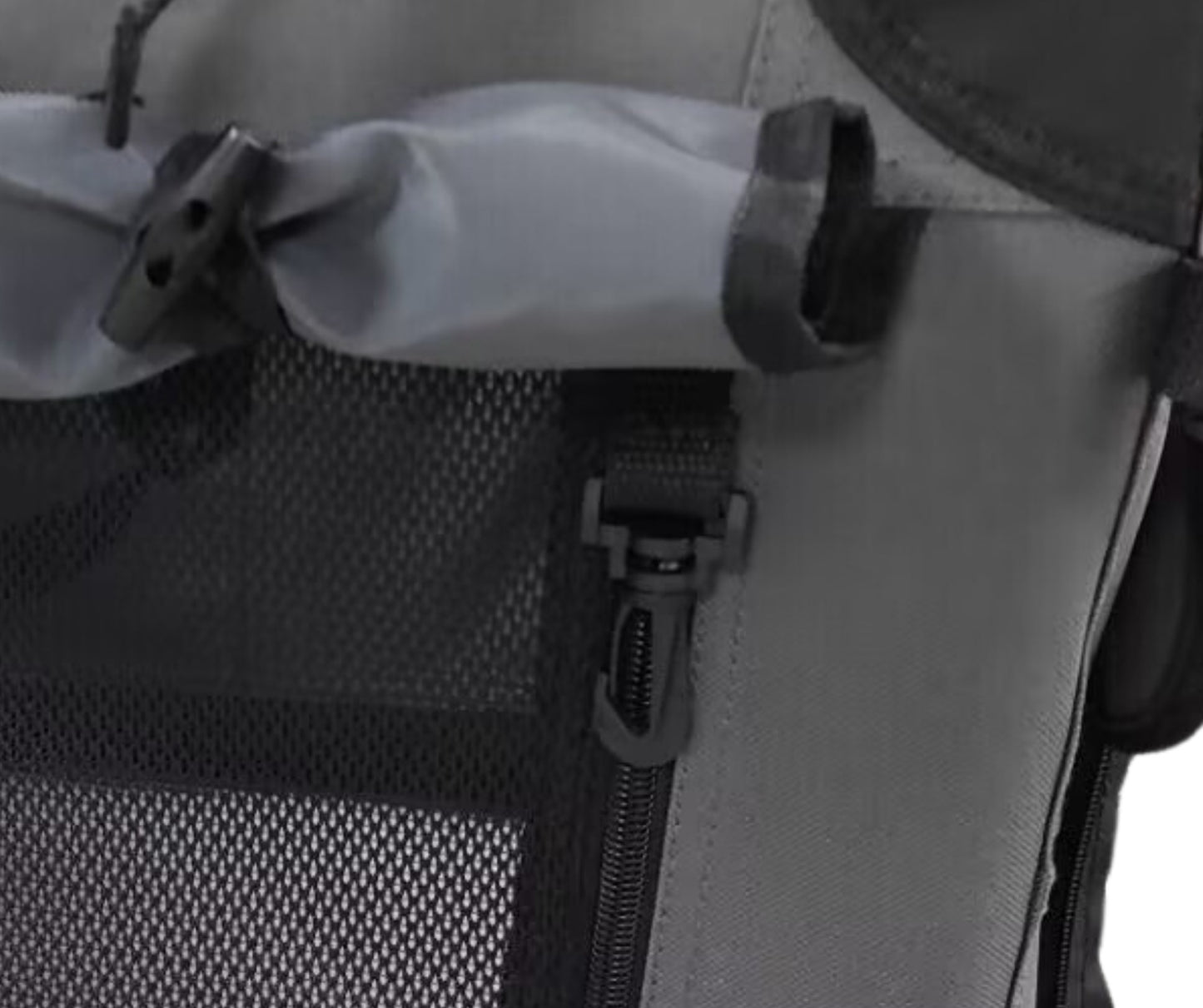 Close-up of the heavy-duty zipper on the Ruff N Tuff canvas dog crate