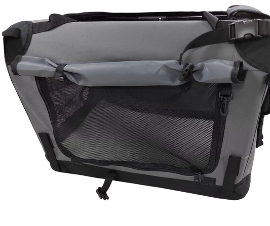 Ruff N Tuff grey canvas dog crate with mesh ventilation window and rolled privacy curtain, close-up angle view
