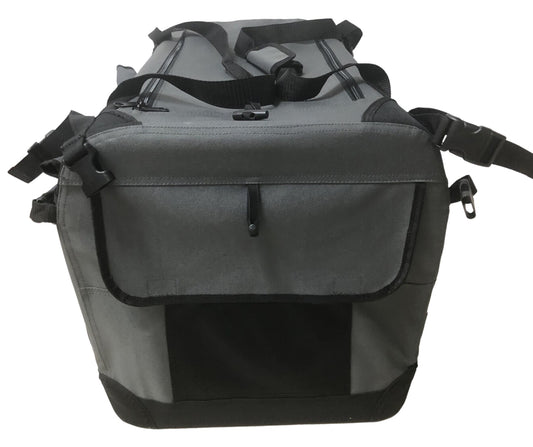 Ruff N Tuff grey canvas dog crate showing the exterior storage pocket