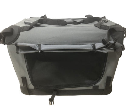 Front view of the Ruff N Tuff foldable canvas dog crate in grey, a portable pet crate for dogs and cats