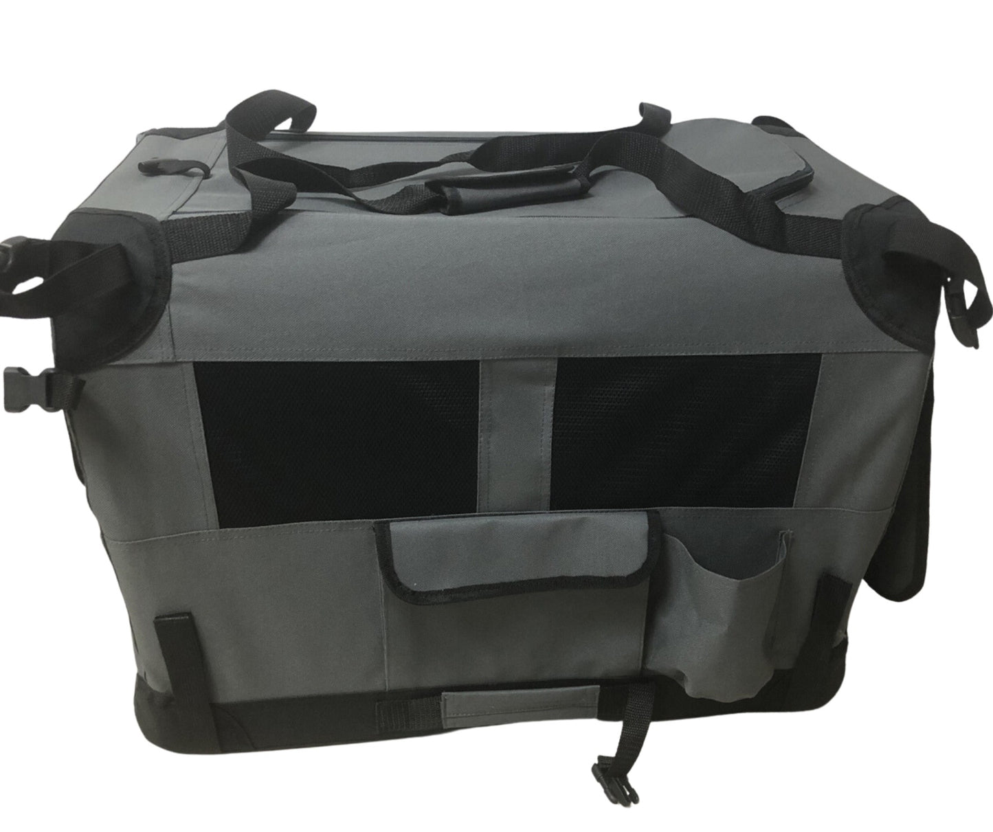 Side angle view of the Ruff N Tuff foldable canvas dog crate in grey showing mesh side panel and storage pocket