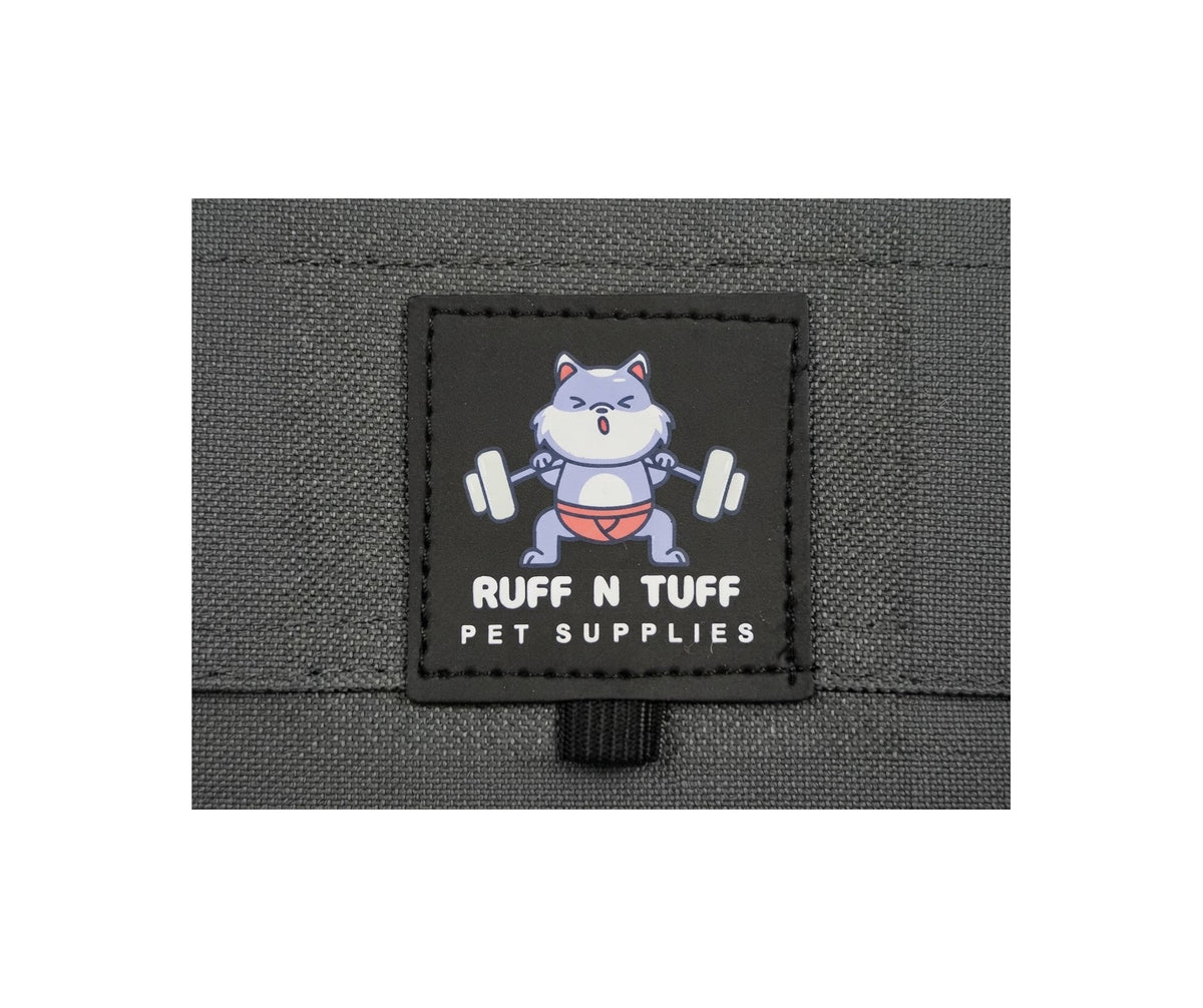 Ruff N Tuff Pet Supplies brand logo patch on the dog crate fabric