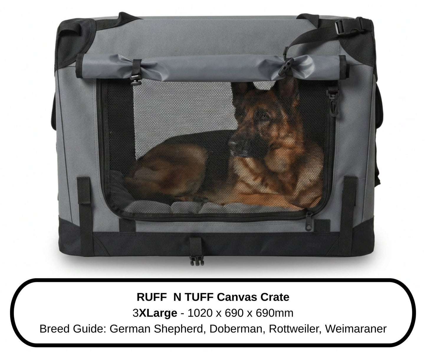 Side view of a German Shepherd beside the 3XLarge Ruff N Tuff dog crate