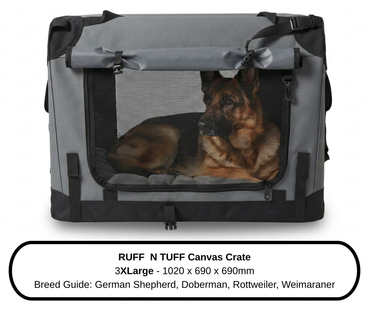 Side view of a German Shepherd beside the 3XLarge Ruff N Tuff dog crate