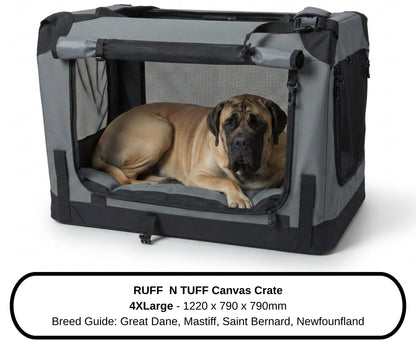 Mastiff giant breed dog beside the 4XLarge Ruff N Tuff dog crate, breed size guide