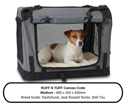 Jack Russell Terrier resting in the Medium Ruff N Tuff dog crate with a pet bed inside
